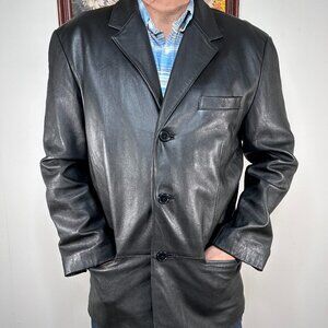 City Jones New York Three Button Genuine Leather Jacket Men's 40 S Black Pockets